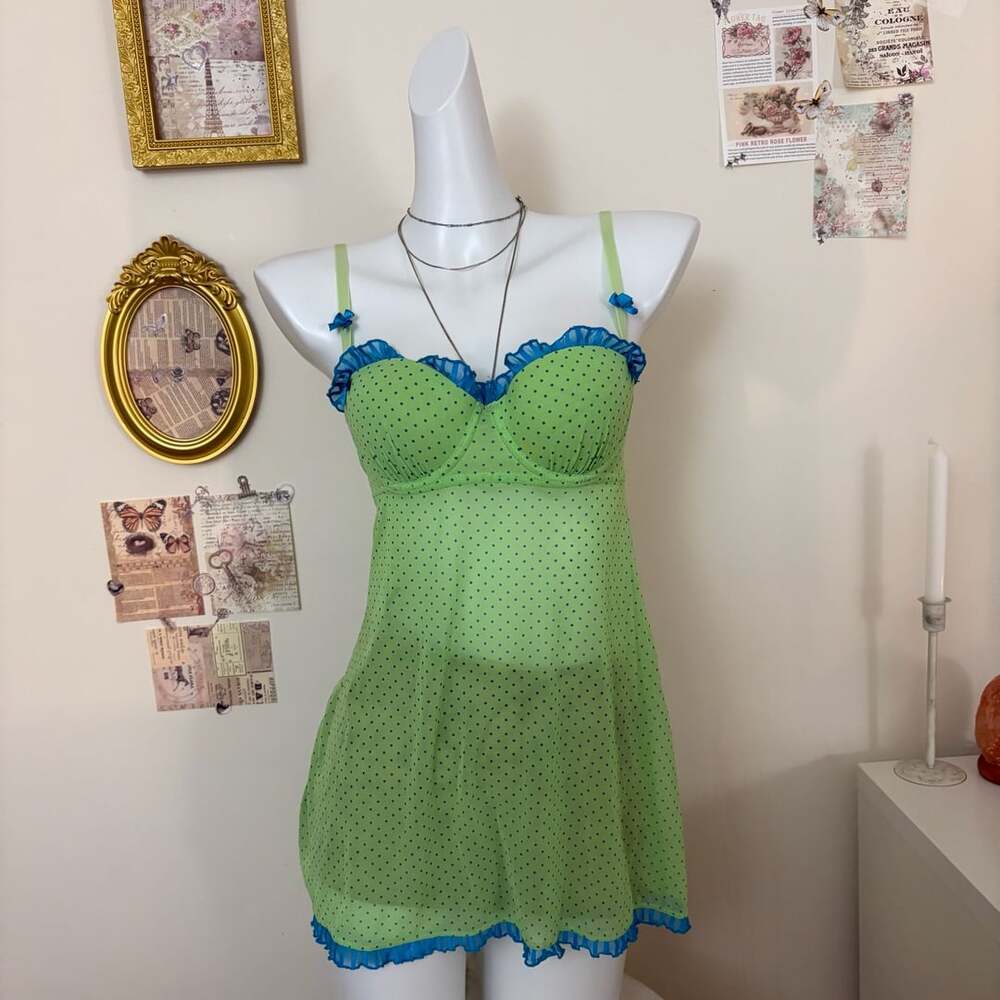 Victoria's Secret Polka Dot Chemise Slip Nightie Lime Green